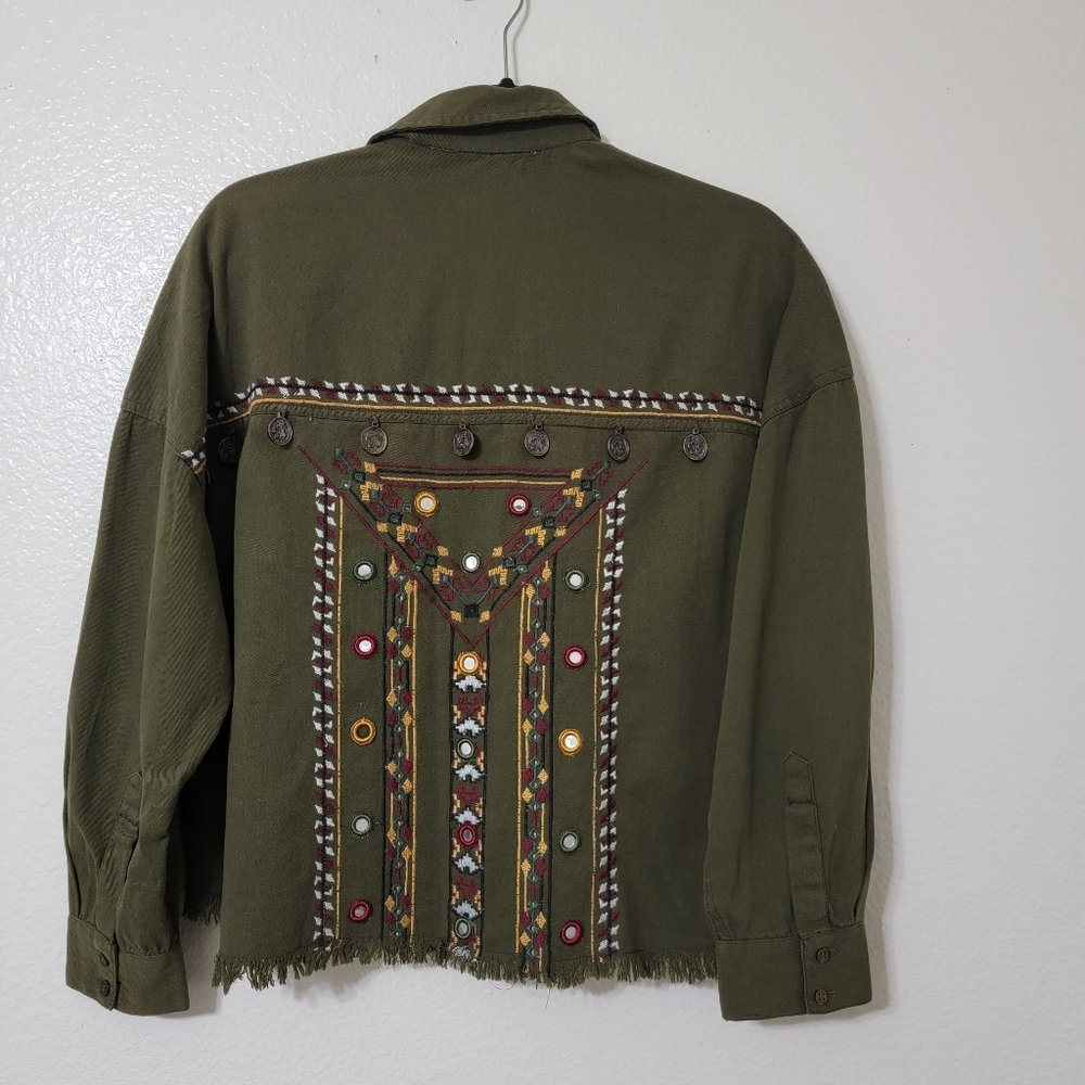 Anthropologie Beautiful Stories Oversize Green Embellished Boho Jacket Sz M